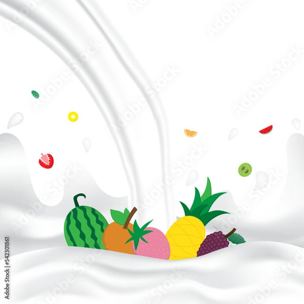 Fototapeta Mixed fruit milk splash with white splashing liquid. Pouring mixed fruit milk on white background. Fruit drink and organic dairy free vegan milk. Creative design vector illustration with empty space.