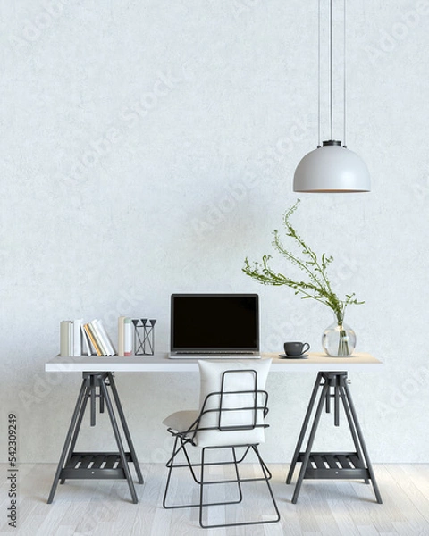Obraz 3D render of interior modern living room workspace with laptop computer