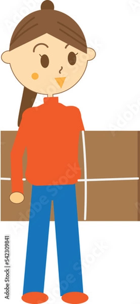 Obraz ゴミ出しの為に段ボールをまとめている女性のイラスト・主婦・ゴミ出し・環境（線あり）