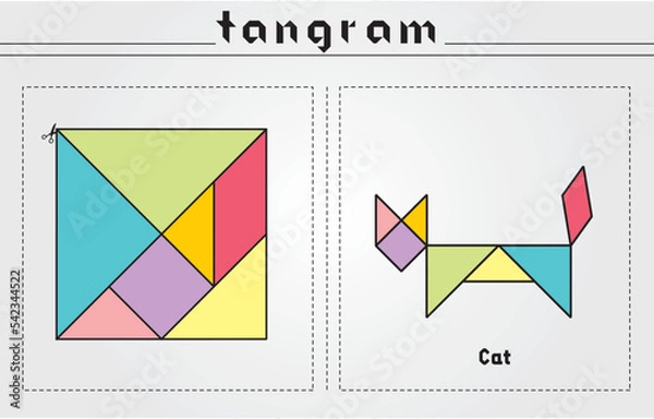 Fototapeta Colorful set of tangram game icons made with geometry shapes in abstract style, includes animals, vector illustration.