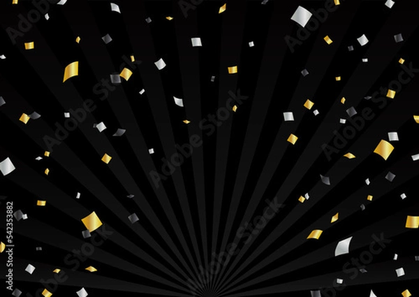 Fototapeta ゴールドの紙吹雪が舞う黒バックの背景素材　黒金銀