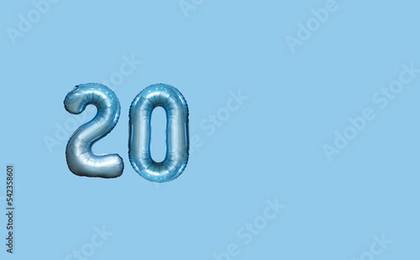 Obraz number 20 balloons,  year 20, card background blue.