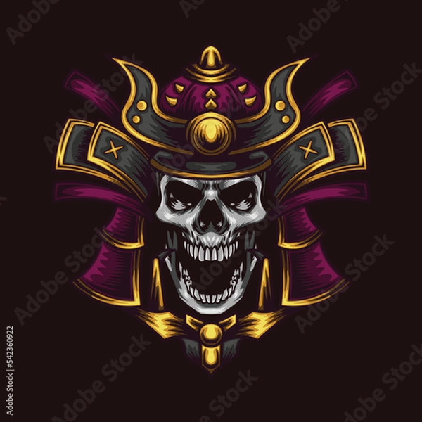 Obraz Vector illustration of skull wearing samurai helmet