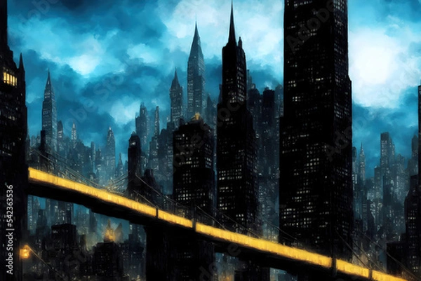 Obraz Gotham city comic book urban building. Dark skyscraper skyline with road traffic 3D