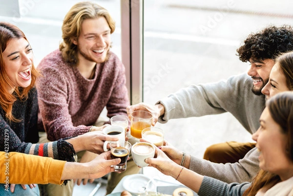 Obraz People group drinking latte cupat coffee bar patio - Friends talking and having fun together at cappuccino restaurant - Life style concept with happy men and women at cafe rooftop - Bright warm filter