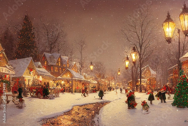 Fototapeta Christmas card illustration vintage style, oil pastel hand-painted style ai generated, village with people celebrating Christmas on a snowy day, happiness