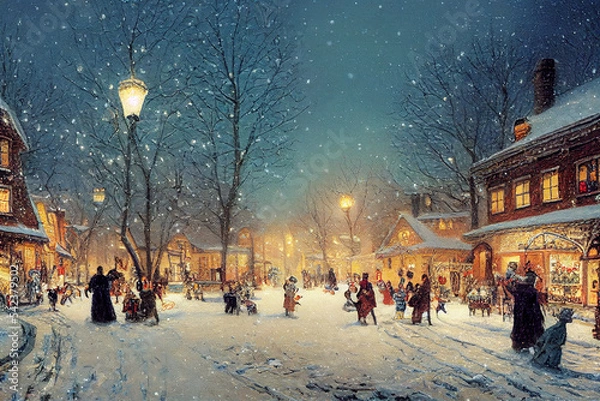 Fototapeta Christmas card illustration vintage style, oil pastel hand-painted style ai generated, village with people celebrating Christmas on a snowy day, happiness