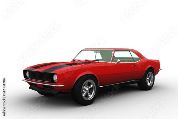 Fototapeta 3D render of a red retro American muscle car isolated on transparent background.