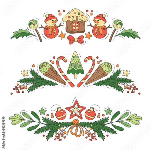 Fototapeta Decorative border from a Christmas tree branches, cookies, candy and balls isolated on a light background. Frame template with the symbols of the holiday.
