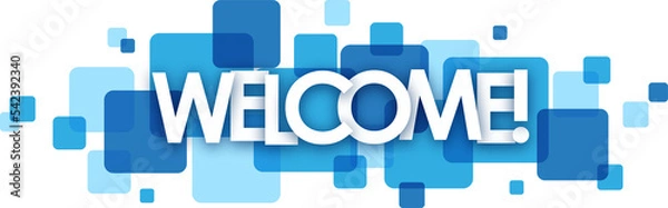 Fototapeta WELCOME banner with blue squares on transparent background