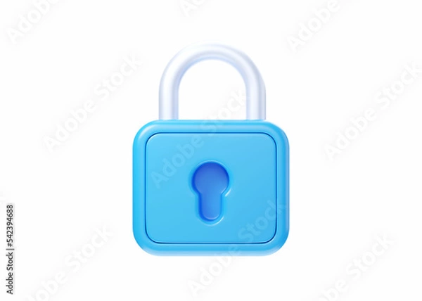 Fototapeta Padlock 3d icon - secure symbol, blue lock sign for app. Data security label concept, defense pictogram