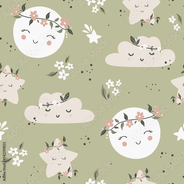 Fototapeta Cute seamless childish simple pattern for kids with cute moons and stars in Scandinavian style. Baby pattern with night sky. Fabric design. Wallpaper. Kids room design.