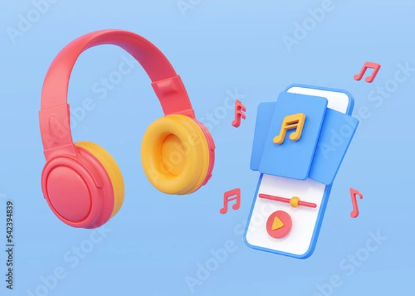 Fototapeta Headphones with phone and music app 3d render illustration - wireless earphone, smartphone and player playlist