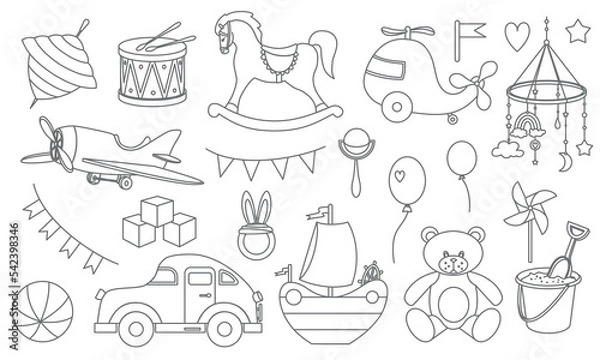 Fototapeta Baby Boy Toys Vector set in cartoon outline style. Drawing of ball and car. Sketch of plane and rocking horse. Dram with snare and helicopter. Illustration of Funny bundle for game on white background