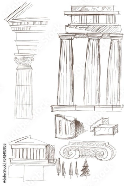 Fototapeta Ancient rome architecture greece sketch temple colonnade columns portico hand drawn separately on a white background elements antiquity architectural monuments
