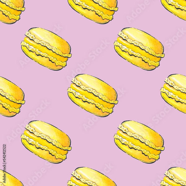 Obraz Macaroons, French cookies on a pink background. Watercolor pattern. Colored background with sweets.