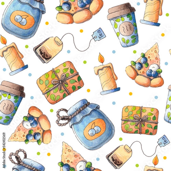 Obraz Watercolor seamless background with autumn accessories: a jar of jam, coffee, a candle, a pie.