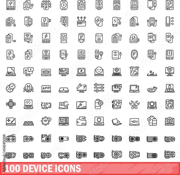 Obraz 100 device icons set. Outline illustration of 100 device icons vector set isolated on white background