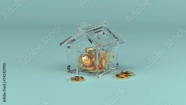Obraz Piggy bank (moneybox) that looks like a transparent glass house with coins inside 3d illustration.
