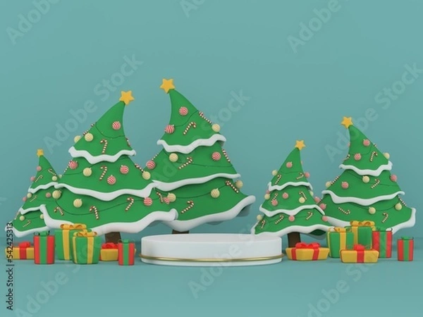 Fototapeta Abstract Christmas background with Christmas tree, blue color ,podium design for showcase or product display , 3d rendering.