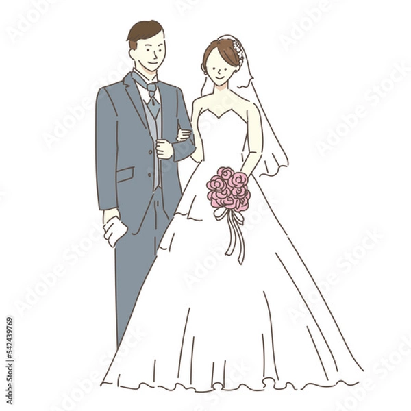 Fototapeta 女性　ウエディングドレス　結婚式　花嫁　イラスト