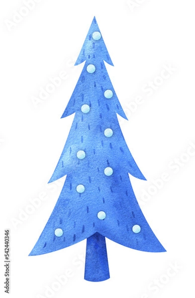 Fototapeta Christmas tree watercolor clipart. Illustration of a fir tree in the snow. A plant for the winter landscape of the park and forest. Isolated image of a blue tree, hand-painted