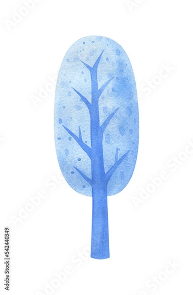 Fototapeta Winter tree watercolor clipart. Illustration of a deciduous tree in the snow. A plant for the winter landscape of the park and forest. Isolated image of a blue tree, hand-painted