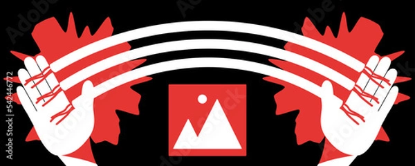 Obraz Broken electrical cables with sparks between palms. Modern wireless technology. Image icon with mountains and sun. Curved wires as a sign of wi-fi
