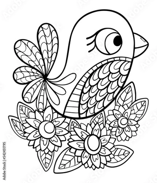 Obraz bird stylized doodle coloring book for children graphic contour sketch isolated on white background sparrow with patterns vector hand drawn
