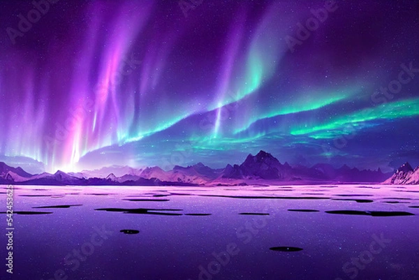 Fototapeta Aurora borealis on the Norway. Green northern lights above mountains. Night sky with polar lights. Night winter landscape with aurora and reflection on the water surface. Natural back