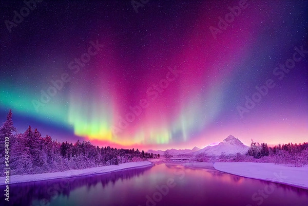 Fototapeta Aurora borealis on the Norway. Green northern lights above mountains. Night sky with polar lights. Night winter landscape with aurora and reflection on the water surface. Natural back