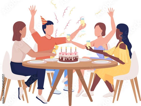 Fototapeta Birthday party semi flat color raster characters. Sitting figures. Full body people on white. Festive celebration simple cartoon style illustration for web graphic design and animation