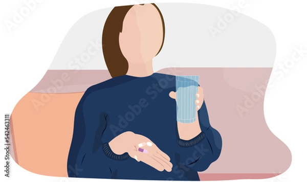 Fototapeta Junge Frau nimmt Tabletten, Medikamente mit einem Glas Wasser zu Hause auf dem Sofa ein 