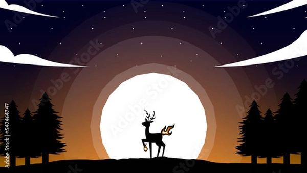 Obraz silhouette of a deer in the forest under night sky with full moon. Magic deer with fire tail in night forest.  deer in sunset. Gradient sky background with moon, tree and deer. 