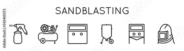 Obraz Sandblasting icons set. Presented camera, pistol, mask, container. For web design and internet.