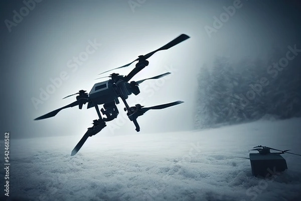 Fototapeta War drone flying over snowy field. 3d render art.