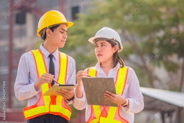 Obraz Engineer Construction  concept,Asian engineer construction teamwork  standing on site construction building background, Engineer Construction  design for Business building construction project