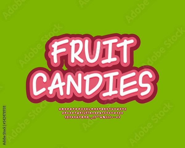 Fototapeta Stylish label Fruit Candies green color. Modern handwritten font set with uppercase and lowercase letters, numbers, marks