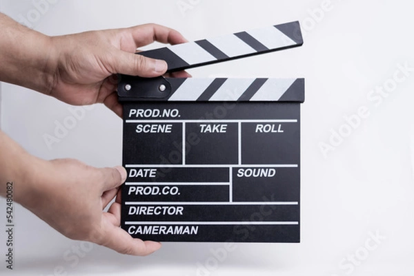 Obraz slate blackboard movie start filming two hands set text  title white background