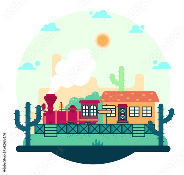 Fototapeta Old red train at the railway station. Wild west illustration 