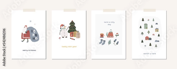 Fototapeta Collection of Christmas greeting cards with xmas decor, Santa Claus, tree, animals, gifts, map. Winter season cute holiday posters. Vector abstract illustration in doodle hand drawn flat style