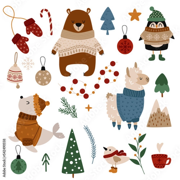 Obraz set of isolated winter animals and Christmas elements