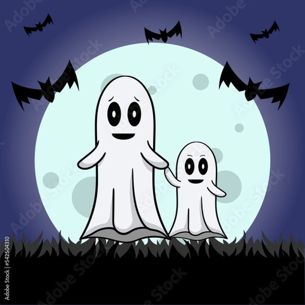 Fototapeta Cute ghost with big ghost and bats for Halloween background