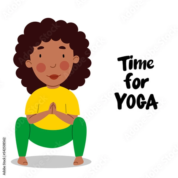 Fototapeta An afro-american girl stands on two legs, her elbows resting on her knees. The child is engaged in sports. Time for yoga. Vector illustration in a flat style on a white background.
