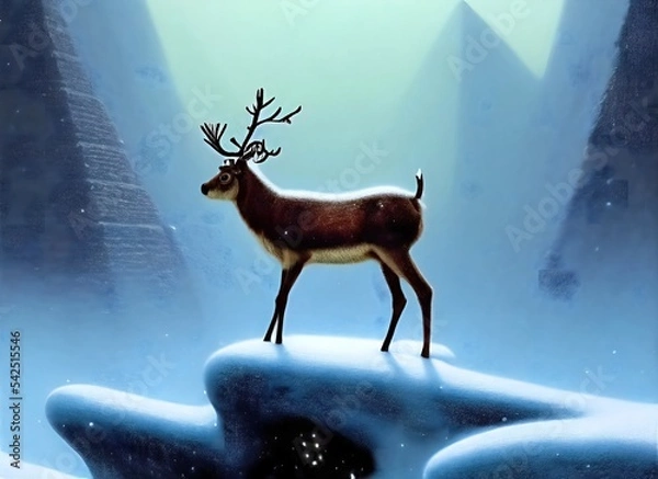 Obraz an deer or elk stand in heavy snow before epic winter background for christmas. hand drawn style painting illustration. animal, nature, cartoon, art.