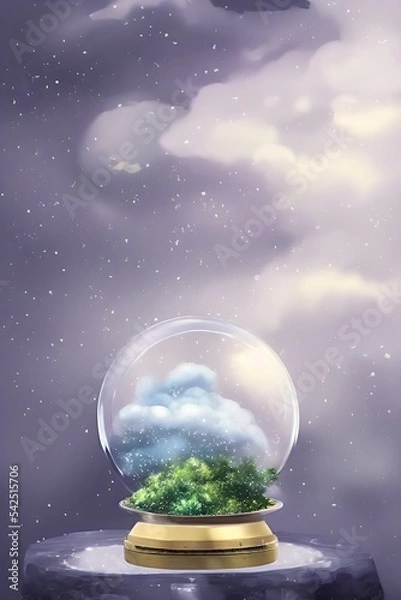 Obraz beautiful winter snowglobe podium for product display with colorful clouds in moody greys and blues blank background. high quality digital art. rendering illustration.