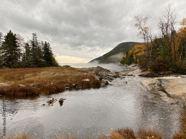 Fototapeta Paysage côtier par une journée pluvieuse et grisâtre. Brume sur le fleuve près des montagnes et des cascades d'eau. Nature en repos à l'automne. 