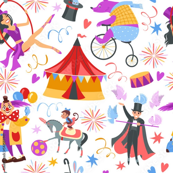 Fototapeta Cartoon circus show seamless pattern. Funny performers with trained animals. Gymnasts and equilibrists. Magicians with doves. Clowns amusement performance. Fair tent. Vector wallpaper