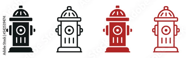 Fototapeta Set of fire hydrant icons. Fire hydrant silhouette, water hydrant symbol. Vector illustration.