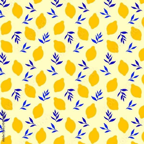 Obraz Yellow lemon pattern with blue leaves